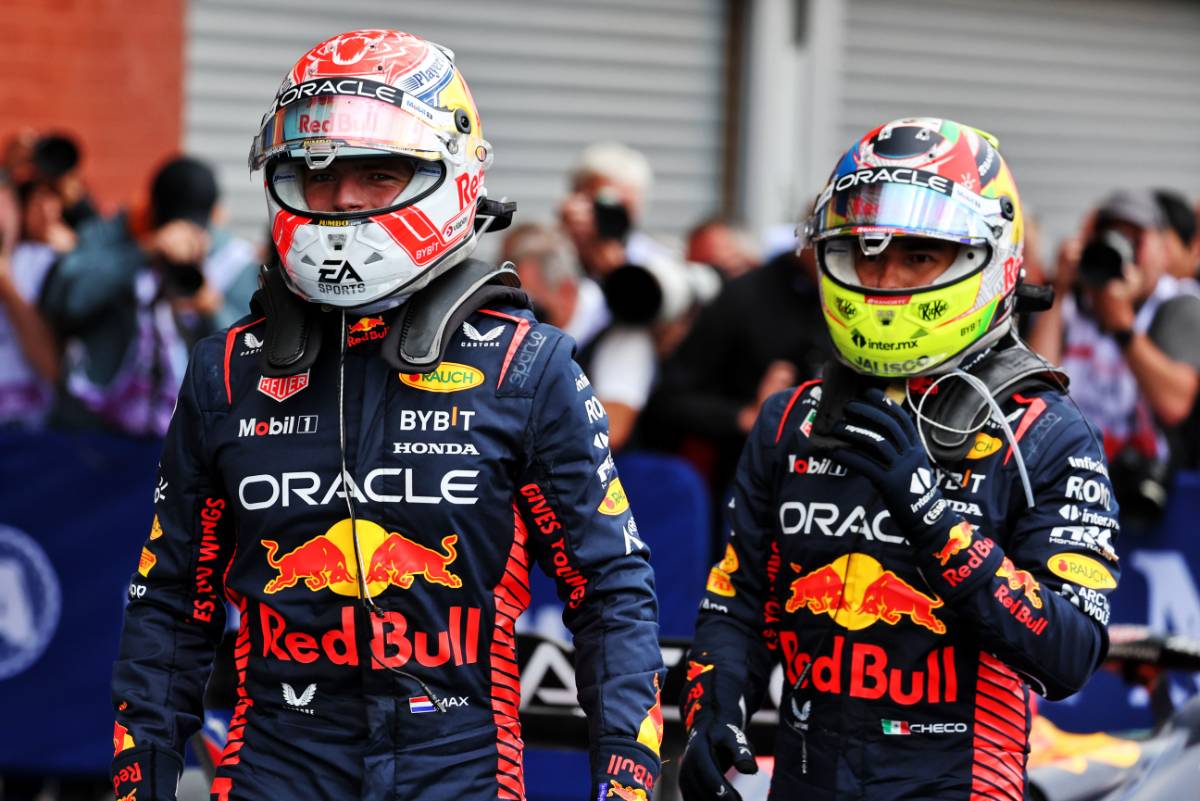 (L to R): Race winner Max Verstappen (NLD) Red Bull Racing celebrates with second placed team mate Sergio Perez (MEX) Red Bull Racing in parc ferme. 30.07.2023. Formula 1 World Championship, Rd 13, Belgian Grand Prix, Spa Francorchamps, Belgium, Race Day. - www.xpbimages.com, EMail: requests@xpbimages.com © Copyright: Moy / XPB Images