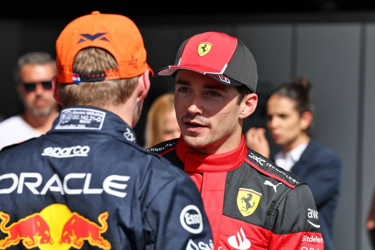 Charles Leclerc (MON) Ferrari with Max Verstappen (NLD) Red Bull Racing in parc ferme. 30.07.2023. Formula 1 World Championship, Rd 13, Belgian Grand Prix, Spa Francorchamps, Belgium, Race Day. - www.xpbimages.com, EMail: requests@xpbimages.com © Copyright: Moy / XPB Images