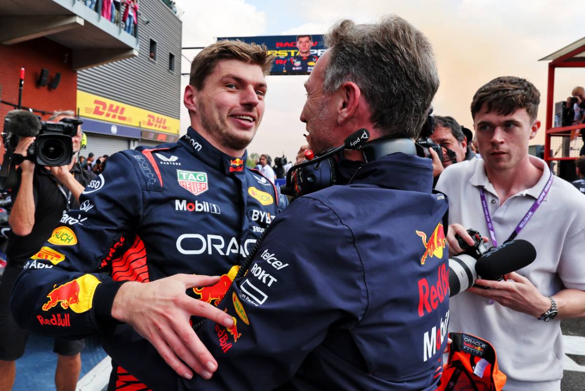 Race winner Max Verstappen (NLD) Red Bull Racing celebrates with Christian Horner (GBR) Red Bull Racing Team Principal in parc ferme. 30.07.2023. Formula 1 World Championship, Rd 13, Belgian Grand Prix, Spa Francorchamps, Belgium, Race Day. - www.xpbimages.com, EMail: requests@xpbimages.com © Copyright: Moy / XPB Images