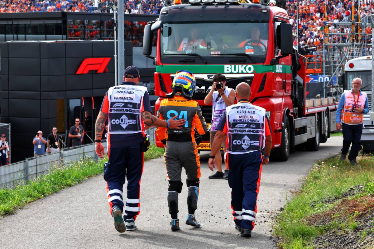 Oscar Piastri (AUS) McLaren crashed in the second practice session. 25.08.2023. Formula 1 World Championship, Rd 14, Dutch Grand Prix, Zandvoort, Netherlands, Practice Day. - www.xpbimages.com, EMail: requests@xpbimages.com © Copyright: Coates / XPB Images