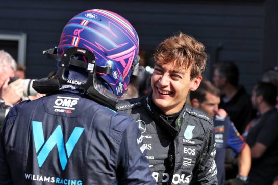 George Russell (GBR) Mercedes AMG F1, third position, in qualifying parc ferme, with fourth placed Alexander Albon (THA) Williams Racing.
26.08.2023. Formula 1 World Championship, Rd 14, Dutch Grand Prix, Zandvoort, Netherlands, Qualifying Day.
- www.xpbimages.com, EMail: requests@xpbimages.com © Copyright: Bearne / XPB Images