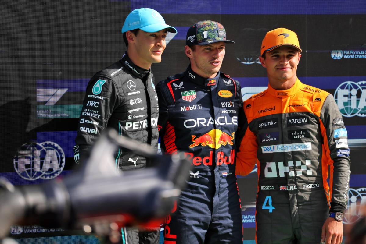 Qualifying top three in parc ferme (L to R): George Russell (GBR) Mercedes AMG F1, third; Max Verstappen (NLD) Red Bull Racing, pole position; Lando Norris (GBR) McLaren, second. 26.08.2023. Formula 1 World Championship, Rd 14, Dutch Grand Prix, Zandvoort, Netherlands, Qualifying Day. - www.xpbimages.com, EMail: requests@xpbimages.com © Copyright: Staley / XPB Images