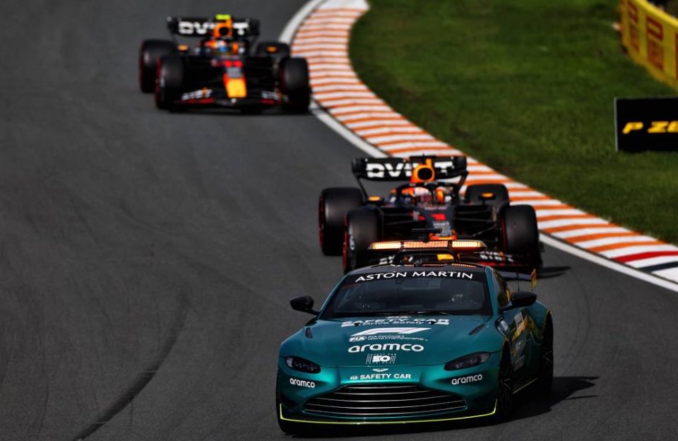 Max Verstappen (NLD) Red Bull Racing RB19 leads behind the Aston Martin FIA Safety Car. 27.08.2023. Formula 1 World Championship, Rd 14, Dutch Grand Prix, Zandvoort, Netherlands, Race Day. - www.xpbimages.com, EMail: requests@xpbimages.com © Copyright: Staley / XPB Images