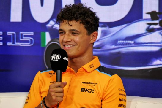 Lando Norris (GBR) McLaren in the FIA Press Conference.
31.08.2023. Formula 1 World Championship, Rd 15, Italian Grand Prix, Monza, Italy, Preparation Day.
- www.xpbimages.com, EMail: requests@xpbimages.com © Copyright: Staley / XPB Images