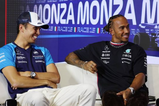 (L to R): Alexander Albon (THA) Williams Racing and Lewis Hamilton (GBR) Mercedes AMG F1 in the FIA Press Conference.
31.08.2023. Formula 1 World Championship, Rd 15, Italian Grand Prix, Monza, Italy, Preparation Day.
- www.xpbimages.com, EMail: requests@xpbimages.com © Copyright: Staley / XPB Images