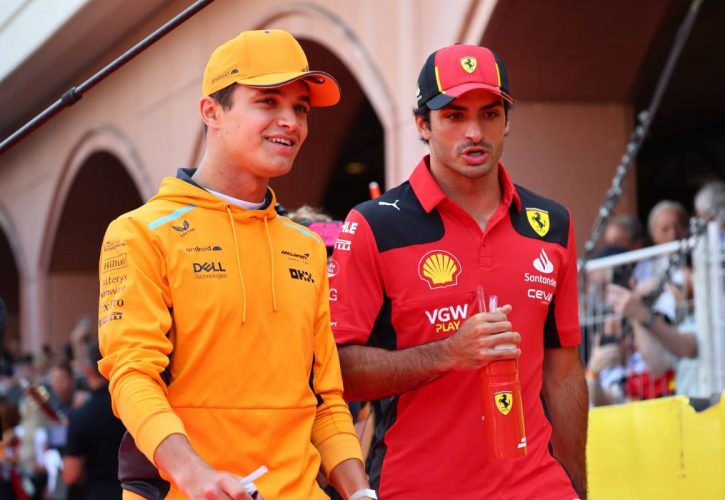 (L to R): Lando Norris (GBR) McLaren and Carlos Sainz Jr (ESP) Ferrari on the drivers' parade. 28.05.2023. Formula 1 World Championship, Rd 7, Monaco Grand Prix, Monte Carlo, Monaco, Race Day. - www.xpbimages.com, EMail: requests@xpbimages.com © Copyright: Batchelor / XPB Images