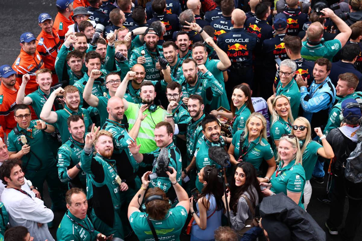 Aston Martin F1 Team celebrate at the podium. 28.05.2023. Formula 1 World Championship, Rd 7, Monaco Grand Prix, Monte Carlo, Monaco, Race Day. - www.xpbimages.com, EMail: requests@xpbimages.com © Copyright: Batchelor / XPB Images