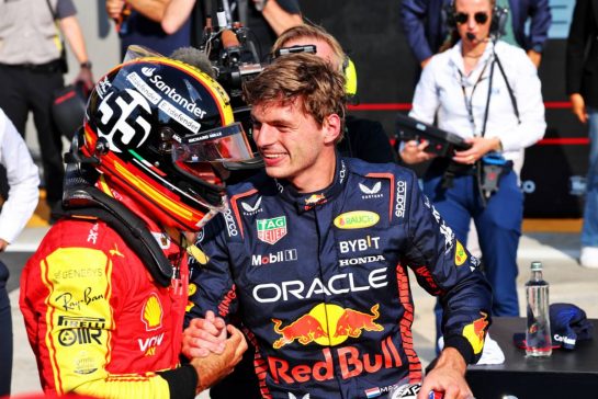 Carlos Sainz Jr (ESP) Ferrari celebrates his pole position in qualifying parc ferme with Max Verstappen (NLD) Red Bull Racing.
02.09.2023. Formula 1 World Championship, Rd 15, Italian Grand Prix, Monza, Italy, Qualifying Day.
- www.xpbimages.com, EMail: requests@xpbimages.com © Copyright: Batchelor / XPB Images