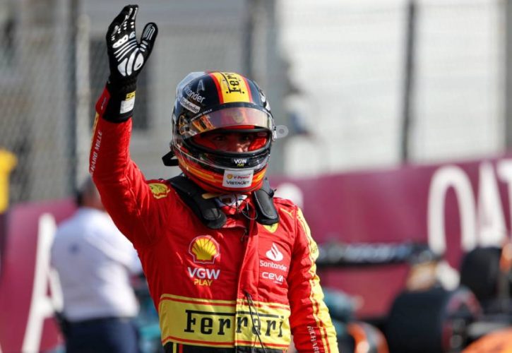 Carlos Sainz Jr (ESP) Ferrari celebrates his pole position in qualifying parc ferme. 02.09.2023. Formula 1 World Championship, Rd 15, Italian Grand Prix, Monza, Italy, Qualifying Day. - www.xpbimages.com, EMail: requests@xpbimages.com © Copyright: Staley / XPB Images