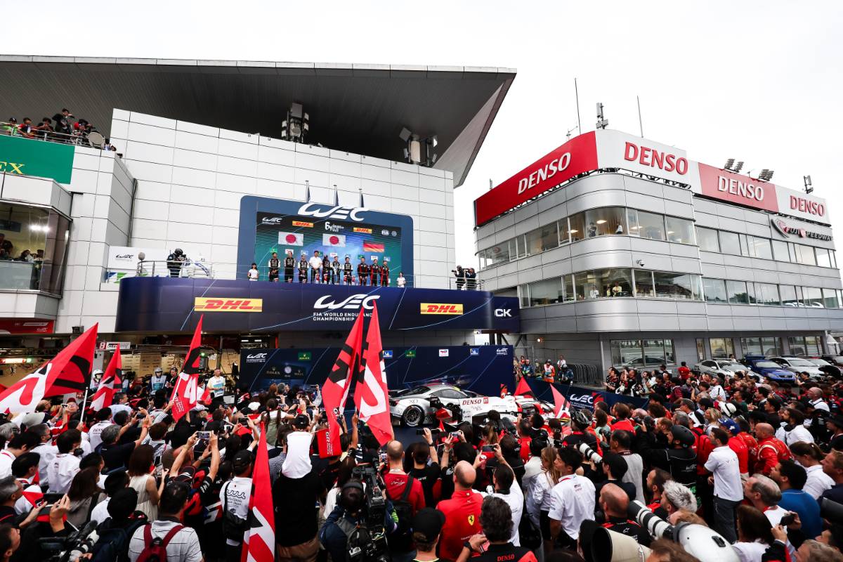 The podium (L to R): Ryo Hirakawa (JPN), Brendon Hartley (NZL), Sebastien Buemi (SUI) #08 Toyota Gazoo Racing, second; Koji Sato (JPN) Toyota President and Chief Executive Officer; Jose Maria Lopez (ARG), Mike Conway (GBR), Kamui Kobayashi (JPN)#07 Toyota Gazoo Racing, race winners; Andre Lotterer (GER), Kevin Estre (FRA). Laurens Vanthoor (BEL) #06 Porsche Penske Motorsport, third. 10.09.2023. FIA World Endurance Championship, Round 6, Six Hours of Fuji, Fuji, Japan, Sunday. - www.xpbimages.com, EMail: requests@xpbimages.com © Copyright: Moy / XPB Images