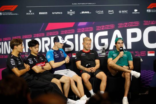 (L to R): George Russell (GBR) Mercedes AMG F1; Zhou Guanyu (CHN) Alfa Romeo F1 Team; Logan Sargeant (USA) Williams Racing; Kevin Magnussen (DEN) Haas F1 Team, and Lance Stroll (CDN) Aston Martin F1 Team in the FIA Press Conference.
14.09.2023. Formula 1 World Championship, Rd 16, Singapore Grand Prix, Marina Bay Street Circuit, Singapore, Preparation Day.
- www.xpbimages.com, EMail: requests@xpbimages.com © Copyright: XPB Images