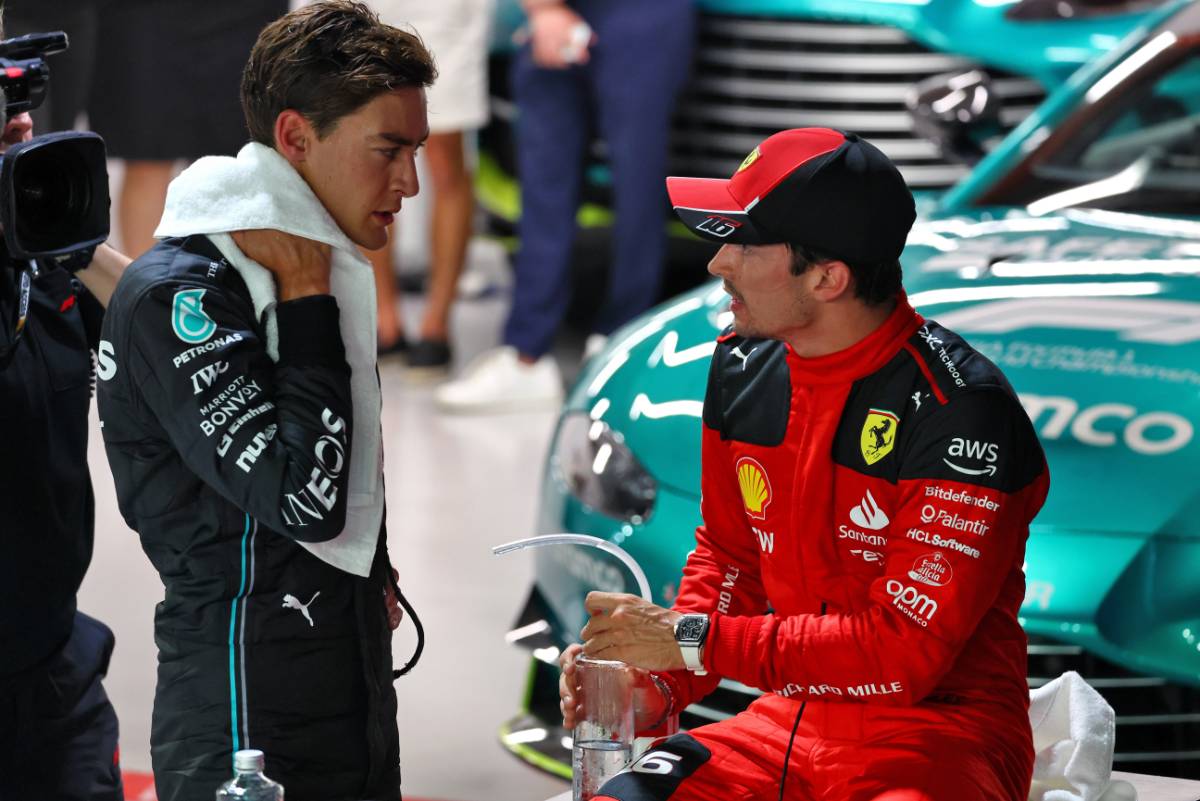 (L to R): Second placed George Russell (GBR) Mercedes AMG F1 with third placed Charles Leclerc (MON) Ferrari in qualifying parc ferme. 16.09.2023. Formula 1 World Championship, Rd 16, Singapore Grand Prix, Marina Bay Street Circuit, Singapore, Qualifying Day. - www.xpbimages.com, EMail: requests@xpbimages.com © Copyright: Batchelor / XPB Images