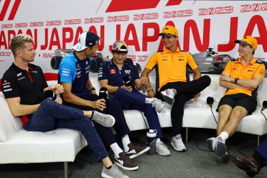 (L to R): Nico Hulkenberg (GER) Haas F1 Team; Alexander Albon (THA) Williams Racing FW45; Yuki Tsunoda (JPN) AlphaTauri; Lando Norris (GBR) McLaren; and Oscar Piastri (AUS) McLaren, in the FIA Press Conference.
21.09.2023. Formula 1 World Championship, Rd 17, Japanese Grand Prix, Suzuka, Japan, Preparation Day.
- www.xpbimages.com, EMail: requests@xpbimages.com © Copyright: Batchelor / XPB Images