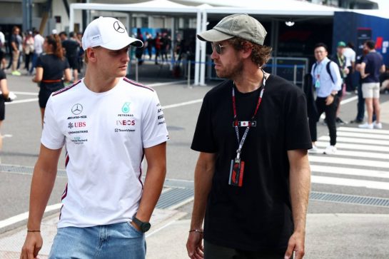 (L to R): Mick Schumacher (GER) Mercedes AMG F1 Reserve Driver with Sebastian Vettel (GER).
23.09.2023. Formula 1 World Championship, Rd 17, Japanese Grand Prix, Suzuka, Japan, Qualifying Day.
- www.xpbimages.com, EMail: requests@xpbimages.com © Copyright: Coates / XPB Images