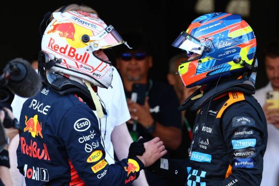 (L to R): Max Verstappen (NLD) Red Bull Racing celebrates his pole position in qualifying parc ferme with second placed Oscar Piastri (AUS) McLaren.
23.09.2023. Formula 1 World Championship, Rd 17, Japanese Grand Prix, Suzuka, Japan, Qualifying Day.
- www.xpbimages.com, EMail: requests@xpbimages.com © Copyright: Batchelor / XPB Images