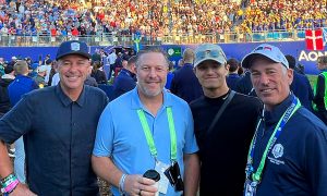 (l-R) Tom Kristensen, Zak Brown, Lando Norris, and Corey Pavin at the Ryder Cup in Rome - Saturday September 30.