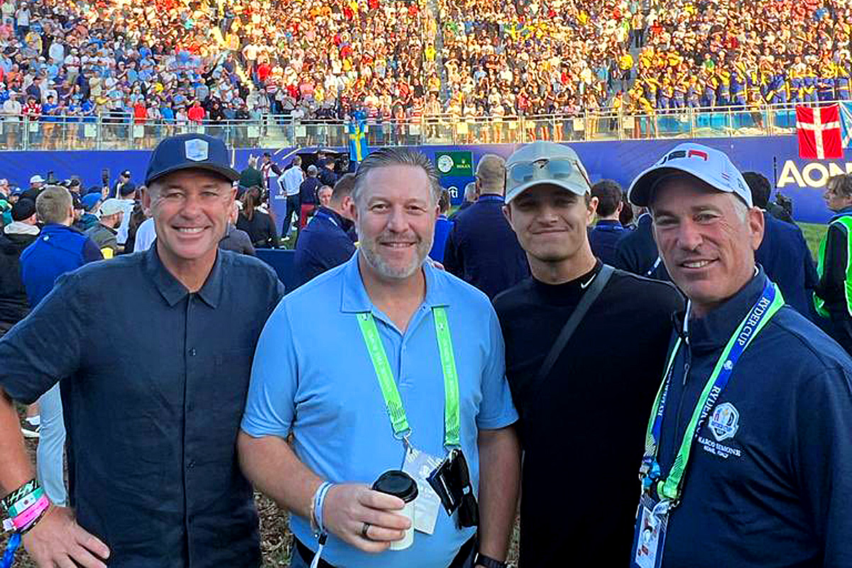 (l-R) Tom Kristensen, Zak Brown, Lando Norris, and Corey Pavin at the Ryder Cup in Rome - Saturday September 30.