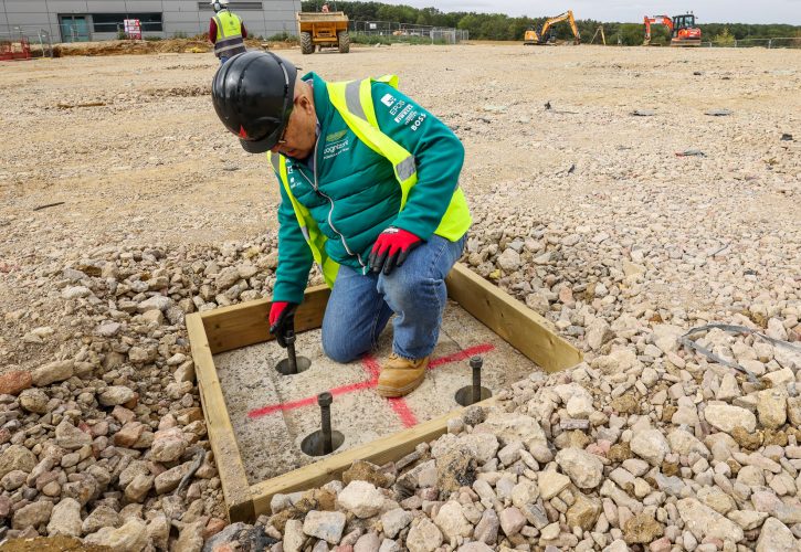 Bolts are laid in the foundations for the second building of Aston Martin's new HQ at Silverstone.