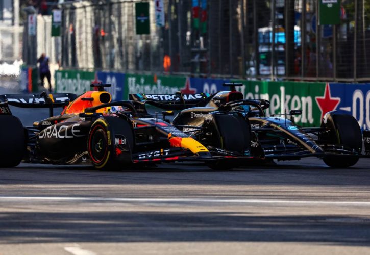 Max Verstappen (NLD), Red Bull Racing and George Russell (GBR), Mercedes AMG F1 29.04.2023. Formula 1 World Championship, Rd 4, Azerbaijan Grand Prix, Baku Street Circuit, Azerbaijan, Sprint Day. - www.xpbimages.com, EMail: requests@xpbimages.com © Copyright: Charniaux / XPB Images