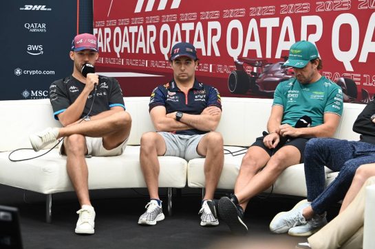 (L to R): Pierre Gasly (FRA) Alpine F1 Team; Sergio Perez (MEX) Red Bull Racing; and Fernando Alonso (ESP) Aston Martin F1 Team, in the FIA Press Conference.
05.10.2023. Formula 1 World Championship, Rd 18, Qatar Grand Prix, Doha, Qatar, Preparation Day.
- www.xpbimages.com, EMail: requests@xpbimages.com © Copyright: XPB Images