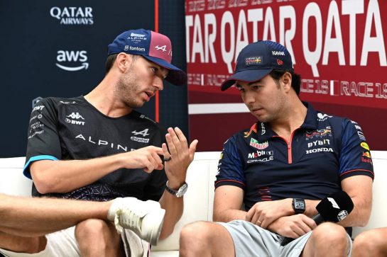 (L to R): Pierre Gasly (FRA) Alpine F1 Team and Sergio Perez (MEX) Red Bull Racing in the FIA Press Conference.
05.10.2023. Formula 1 World Championship, Rd 18, Qatar Grand Prix, Doha, Qatar, Preparation Day.
- www.xpbimages.com, EMail: requests@xpbimages.com © Copyright: XPB Images