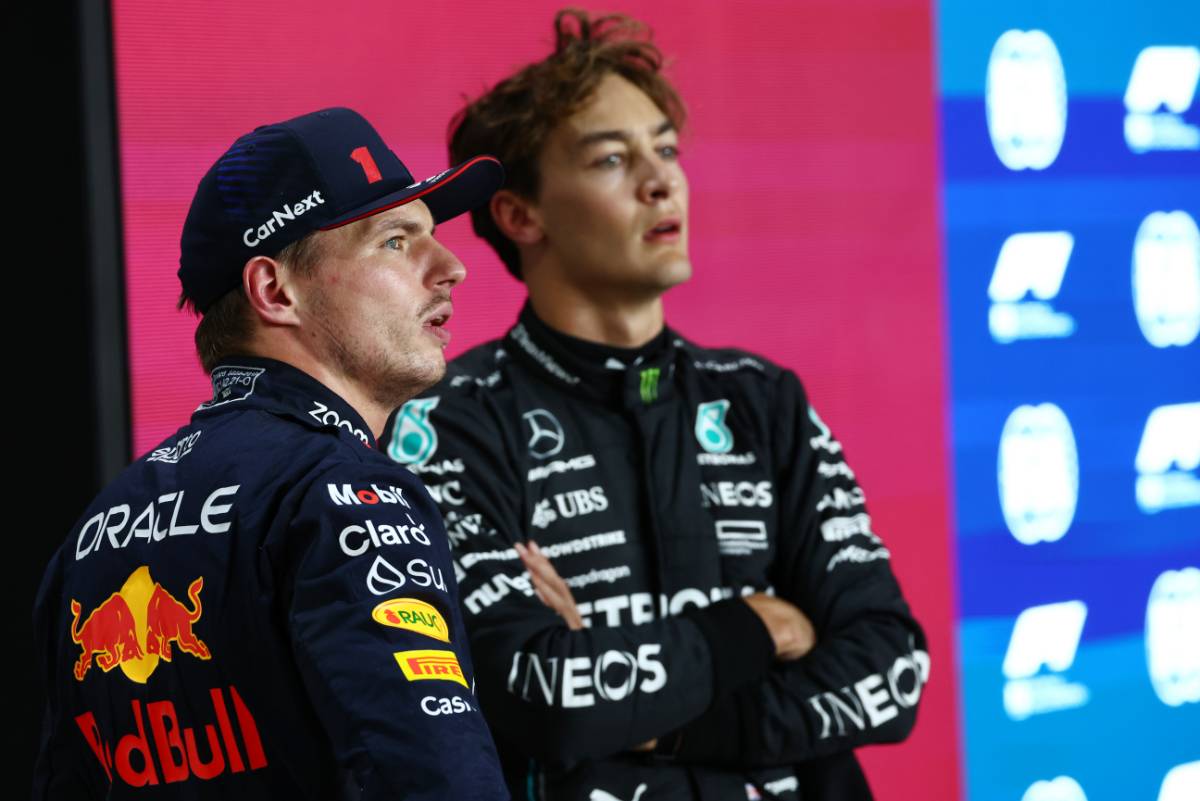 (L to R): Pole sitter Max Verstappen (NLD) Red Bull Racing with George Russell (GBR) Mercedes AMG F1 in qualifying parc ferme. 06.10.2023 Formula 1 World Championship, Rd 18, Qatar Grand Prix, Doha, Qatar, Qualifying Day. - www.xpbimages.com, EMail: requests@xpbimages.com © Copyright: Coates / XPB Images