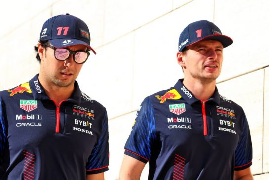 (L to R): Sergio Perez (MEX) Red Bull Racing with team mate Max Verstappen (NLD) Red Bull Racing.
07.10.2023. Formula 1 World Championship, Rd 18, Qatar Grand Prix, Doha, Qatar, Sprint Day.
- www.xpbimages.com, EMail: requests@xpbimages.com © Copyright: Coates / XPB Images