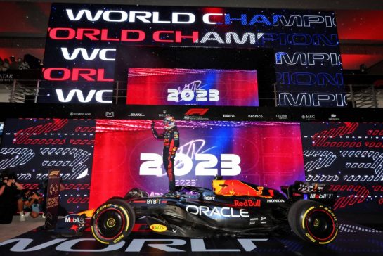 Max Verstappen (NLD) Red Bull Racing RB19 celebrates winning his third World Championship in Sprint parc ferme.
07.10.2023. Formula 1 World Championship, Rd 18, Qatar Grand Prix, Doha, Qatar, Sprint Day.
- www.xpbimages.com, EMail: requests@xpbimages.com © Copyright: Moy / XPB Images