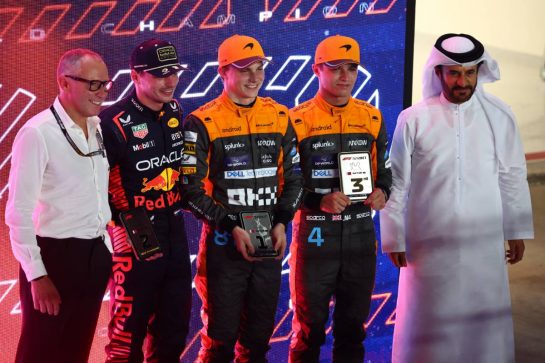 Sprint race winner Oscar Piastri (AUS) McLaren with 2nd Max Verstappen (NLD) Red Bull Racing and Lando Norris (GBR) McLaren.
07.10.2023. Formula 1 World Championship, Rd 18, Qatar Grand Prix, Doha, Qatar, Sprint Day.
- www.xpbimages.com, EMail: requests@xpbimages.com © Copyright: Batchelor / XPB Images