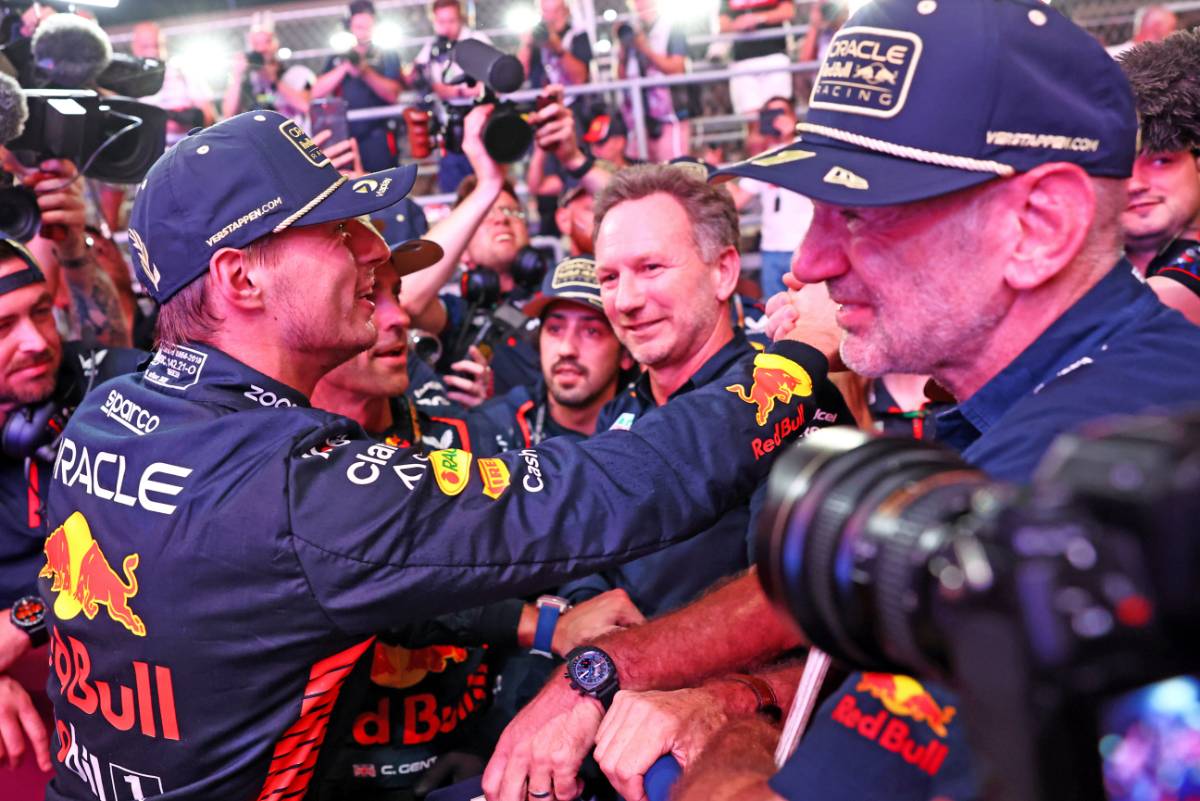 Max Verstappen (NLD) Red Bull Racing celebrates winning his third World Championship in Sprint parc ferme with Christian Horner (GBR) Red Bull Racing Team Principal and Adrian Newey (GBR) Red Bull Racing Chief Technical Officer. 07.10.2023. Formula 1 World Championship, Rd 18, Qatar Grand Prix, Doha, Qatar, Sprint Day. - www.xpbimages.com, EMail: requests@xpbimages.com © Copyright: Charniaux / XPB Images