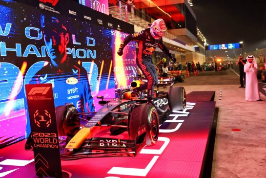 Max Verstappen (NLD) Red Bull Racing RB19 celebrates winning his third World Championship in Sprint parc ferme.
07.10.2023. Formula 1 World Championship, Rd 18, Qatar Grand Prix, Doha, Qatar, Sprint Day.
- www.xpbimages.com, EMail: requests@xpbimages.com © Copyright: Charniaux / XPB Images