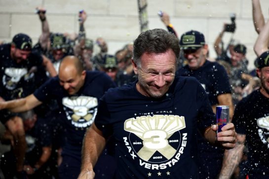 Christian Horner (GBR) Red Bull Racing Team Principal celebrates Max Verstappen (NLD) Red Bull Racing winning his third World Championship with the team.
07.10.2023. Formula 1 World Championship, Rd 18, Qatar Grand Prix, Doha, Qatar, Sprint Day.
- www.xpbimages.com, EMail: requests@xpbimages.com © Copyright: Moy / XPB Images