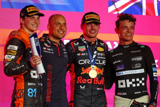 The podium (L to R): Oscar Piastri (AUS) McLaren, second; Gianpiero Lambiase (ITA) Red Bull Racing Engineer; Max Verstappen (NLD) Red Bull Racing, race winner; Lando Norris (GBR) McLaren, third.
08.10.2023. Formula 1 World Championship, Rd 18, Qatar Grand Prix, Doha, Qatar, Race Day.
- www.xpbimages.com, EMail: requests@xpbimages.com © Copyright: Coates / XPB Images