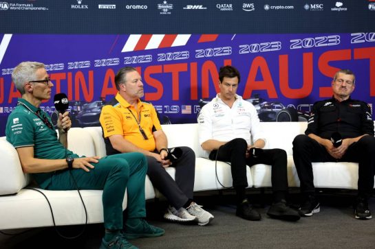 (L to R): Mike Krack (LUX) Aston Martin F1 Team, Team Principal; Zak Brown (USA) McLaren Executive Director; Toto Wolff (GER) Mercedes AMG F1 Shareholder and Executive Director; and Guenther Steiner (ITA) Haas F1 Team Prinicipal in the FIA Press Conference.
20.10.2023. Formula 1 World Championship, Rd 19, United States Grand Prix, Austin, Texas, USA, Qualifying Day
- www.xpbimages.com, EMail: requests@xpbimages.com © Copyright: Bearne / XPB Images