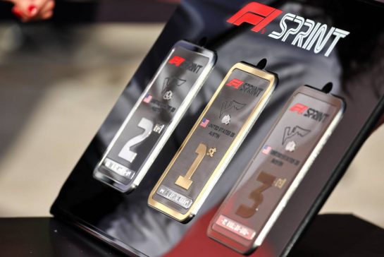 Circuit atmosphere - Sprint medals.
21.10.2023. Formula 1 World Championship, Rd 19, United States Grand Prix, Austin, Texas, USA, Sprint Day.
- www.xpbimages.com, EMail: requests@xpbimages.com © Copyright: Batchelor / XPB Images