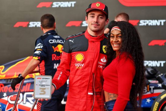 Third placed Charles Leclerc (MON) Ferrari in Sprint parc ferme with Sha'Carri Richardson (USA) Athlete.
21.10.2023. Formula 1 World Championship, Rd 19, United States Grand Prix, Austin, Texas, USA, Sprint Day.
- www.xpbimages.com, EMail: requests@xpbimages.com © Copyright: Batchelor / XPB Images