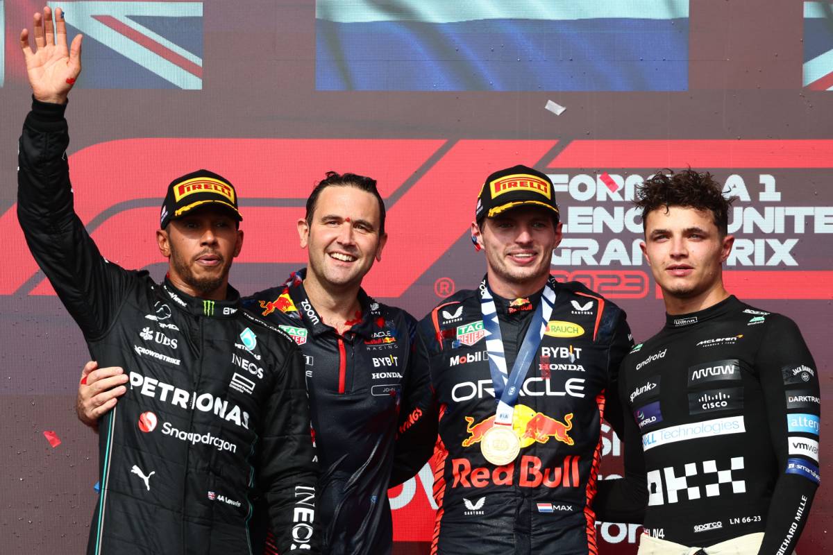 1st place Max Verstappen (NLD) Red Bull Racing RB19, with John Hammond (GBR) Red Bull Racing Physiotherapist, 2nd place Lewis Hamilton (GBR) Mercedes AMG F1 W14 and 3rd place Lando Norris (GBR) McLaren. 22.10.2023. Formula 1 World Championship, Rd 19, United States Grand Prix, Austin, Texas, USA, Race Day. - www.xpbimages.com, EMail: requests@xpbimages.com © Copyright: Batchelor / XPB Images