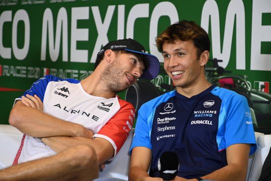 (L to R): Pierre Gasly (FRA) Alpine F1 Team with Alexander Albon (THA) Williams Racing in the FIA Press Conference.
26.10.2023. Formula 1 World Championship, Rd 20, Mexican Grand Prix, Mexico City, Mexico, Preparation Day.
- www.xpbimages.com, EMail: requests@xpbimages.com © Copyright: XPB Images