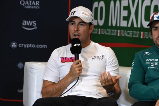 Sergio Perez (MEX) Red Bull Racing in the FIA Press Conference.
26.10.2023. Formula 1 World Championship, Rd 20, Mexican Grand Prix, Mexico City, Mexico, Preparation Day.
- www.xpbimages.com, EMail: requests@xpbimages.com © Copyright: XPB Images