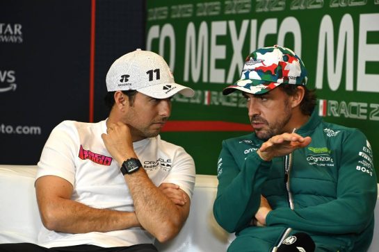 (L to R): Sergio Perez (MEX) Red Bull Racing and Fernando Alonso (ESP) Aston Martin F1 Team in the FIA Press Conference.
26.10.2023. Formula 1 World Championship, Rd 20, Mexican Grand Prix, Mexico City, Mexico, Preparation Day.
- www.xpbimages.com, EMail: requests@xpbimages.com © Copyright: XPB Images