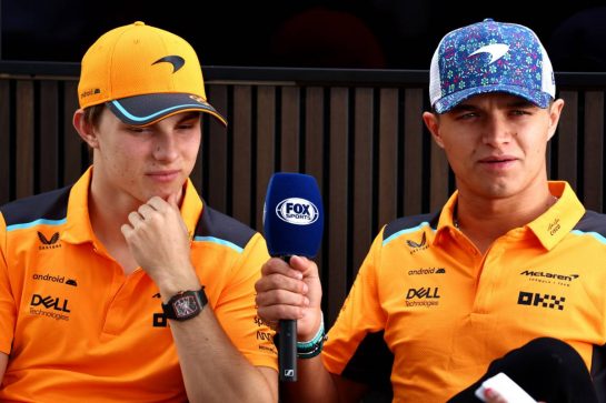 (L to R): Oscar Piastri (AUS) McLaren with team mate Lando Norris (GBR) McLaren.
26.10.2023. Formula 1 World Championship, Rd 20, Mexican Grand Prix, Mexico City, Mexico, Preparation Day.
 - www.xpbimages.com, EMail: requests@xpbimages.com © Copyright: Coates / XPB Images