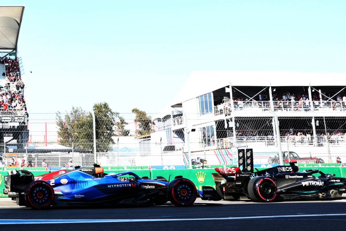 George Russell (GBR) Mercedes AMG F1 W14 stationary at the end of the pit lane with Logan Sargeant (USA) Williams Racing FW45 and Valtteri Bottas (FIN) Alfa Romeo F1 Team C43 behind. 28.10.2023. Formula 1 World Championship, Rd 20, Mexican Grand Prix, Mexico City, Mexico, Qualifying Day. - www.xpbimages.com, EMail: requests@xpbimages.com © Copyright: Bearne / XPB Images