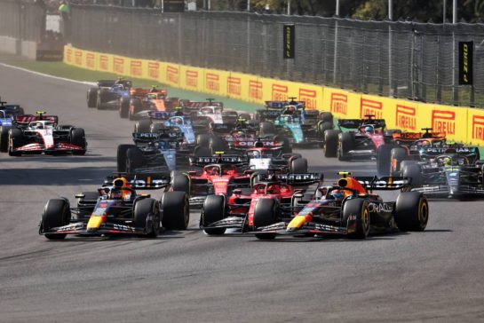 (L to R): Max Verstappen (NLD) Red Bull Racing RB19; Charles Leclerc (MON) Ferrari SF-23; and Sergio Perez (MEX) Red Bull Racing RB19 - crash at the start of the race.
29.10.2023. Formula 1 World Championship, Rd 20, Mexican Grand Prix, Mexico City, Mexico, Race Day.
- www.xpbimages.com, EMail: requests@xpbimages.com © Copyright: Bearne / XPB Images