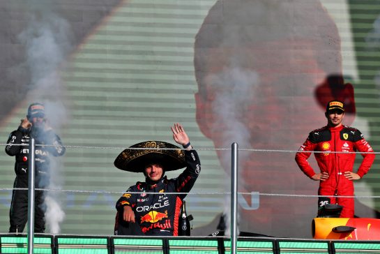 Race winner Max Verstappen (NLD) Red Bull Racing celebrates on the podium.
29.10.2023. Formula 1 World Championship, Rd 20, Mexican Grand Prix, Mexico City, Mexico, Race Day.
- www.xpbimages.com, EMail: requests@xpbimages.com © Copyright: Moy / XPB Images