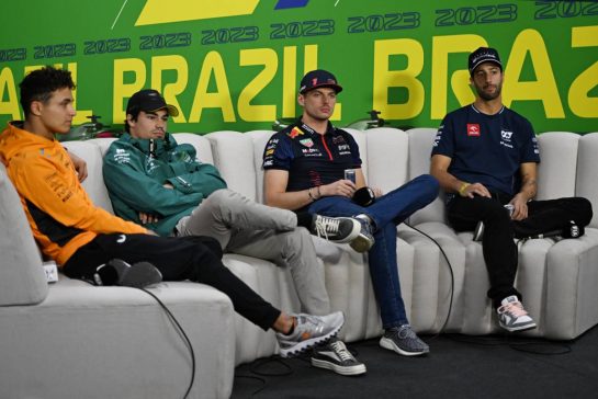 (L to R): Lando Norris (GBR) McLaren; Lance Stroll (CDN) Aston Martin F1 Team; Max Verstappen (NLD) Red Bull Racing; and Daniel Ricciardo (AUS) AlphaTauri, in the FIA Press Conference.
02.11.2023. Formula 1 World Championship, Rd 21, Brazilian Grand Prix, Sao Paulo, Brazil, Preparation Day.
- www.xpbimages.com, EMail: requests@xpbimages.com © Copyright: Price / XPB Images