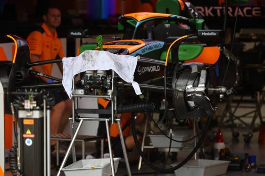 McLaren MCL60 worked on by mechanics.
02.11.2023. Formula 1 World Championship, Rd 21, Brazilian Grand Prix, Sao Paulo, Brazil, Preparation Day.
- www.xpbimages.com, EMail: requests@xpbimages.com © Copyright: XPB Images