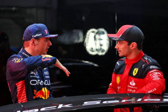 (L to R): Max Verstappen (NLD) Red Bull Racing with Charles Leclerc (MON) Ferrari in qualifying parc ferme.
03.11.2023. Formula 1 World Championship, Rd 21, Brazilian Grand Prix, Sao Paulo, Brazil, Qualifying Day.
- www.xpbimages.com, EMail: requests@xpbimages.com © Copyright: Batchelor / XPB Images