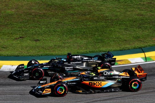Lando Norris (GBR) McLaren MCL60 and George Russell (GBR) Mercedes AMG F1 W14 battle for position.
04.11.2023. Formula 1 World Championship, Rd 21, Brazilian Grand Prix, Sao Paulo, Brazil, Sprint Day.
- www.xpbimages.com, EMail: requests@xpbimages.com © Copyright: Batchelor / XPB Images