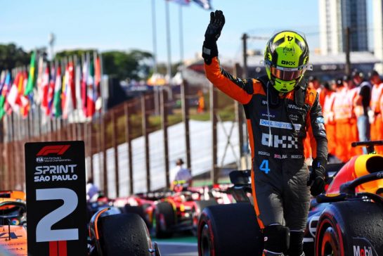 Lando Norris (GBR) McLaren celebrates his second position in Sprint parc ferme.
04.11.2023. Formula 1 World Championship, Rd 21, Brazilian Grand Prix, Sao Paulo, Brazil, Sprint Day.
- www.xpbimages.com, EMail: requests@xpbimages.com © Copyright: Batchelor / XPB Images