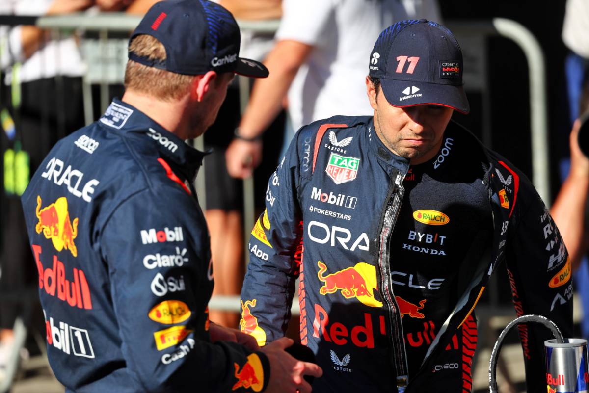 (L to R): Sprint winner Max Verstappen (NLD) Red Bull Racing with team mate Sergio Perez (MEX) Red Bull Racing in parc ferme. 04.11.2023. Formula 1 World Championship, Rd 21, Brazilian Grand Prix, Sao Paulo, Brazil, Sprint Day. - www.xpbimages.com, EMail: requests@xpbimages.com © Copyright: Batchelor / XPB Images